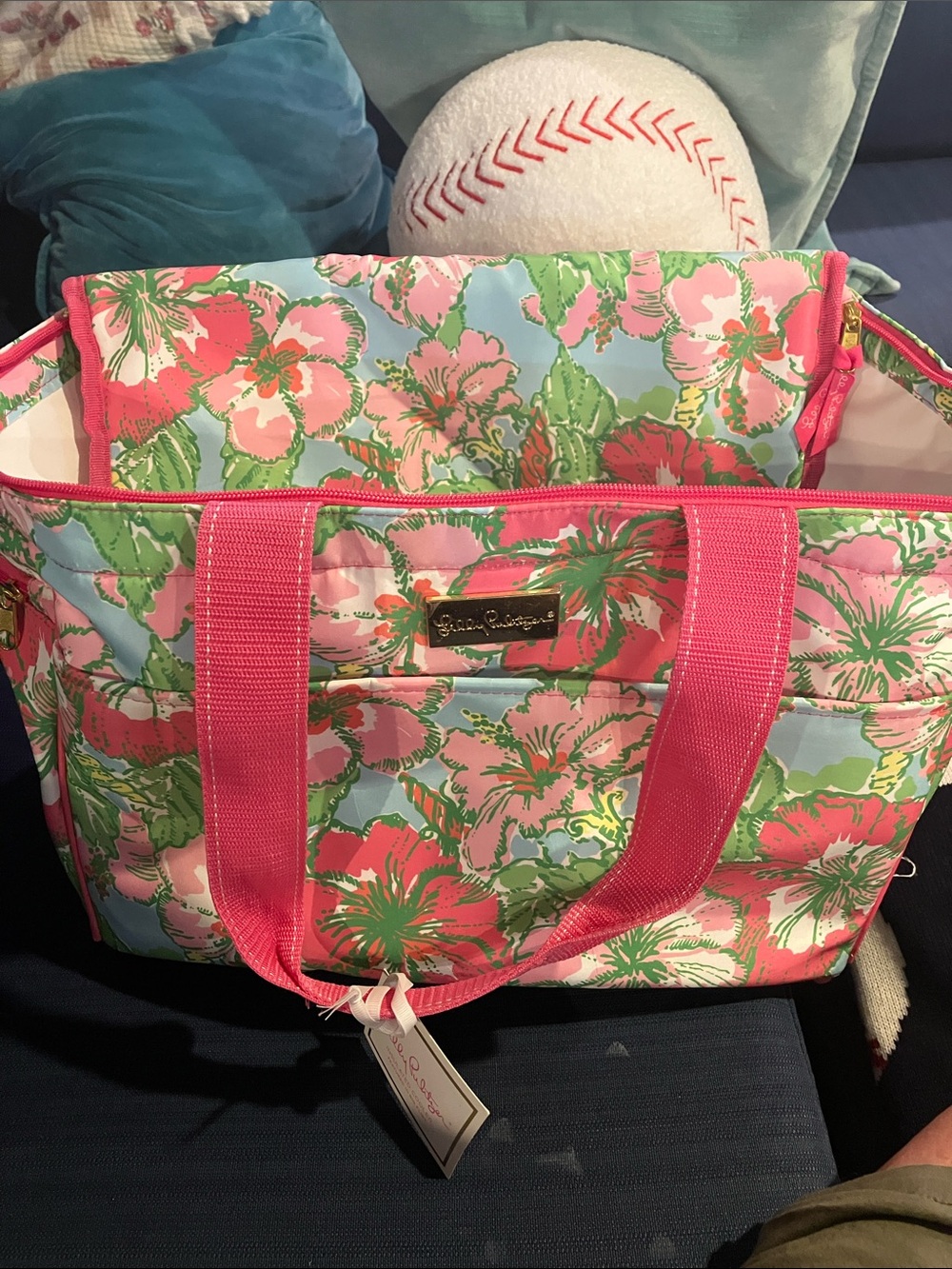 Lilly Pulitzer Pink & Green Floral Tote with Gold Logo Plaque